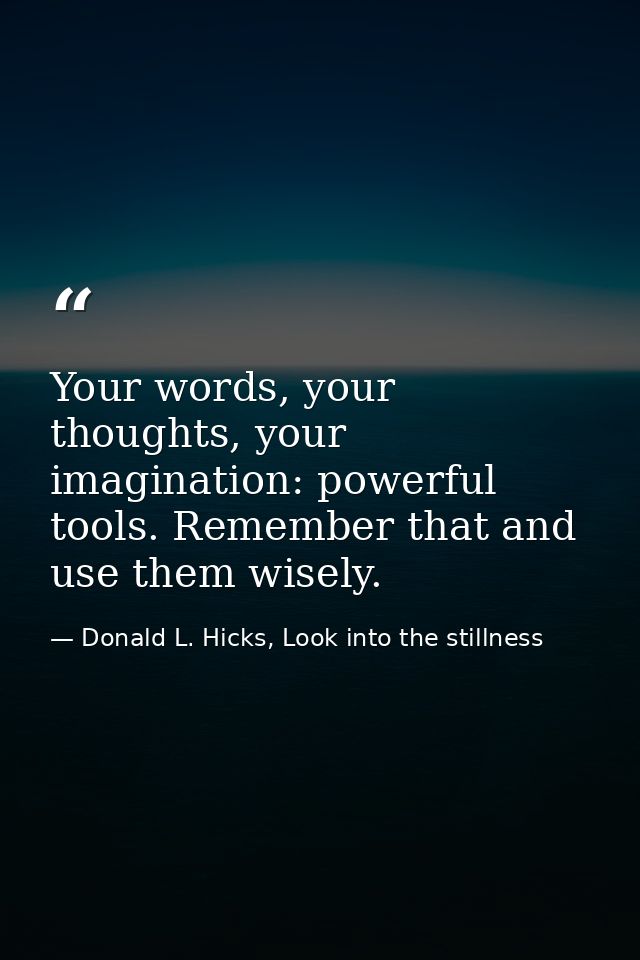 Your words, your thoughts, your imagination: powerful tools. Remember that and use them wisely. — Donald L. Hicks, Look into the stillness