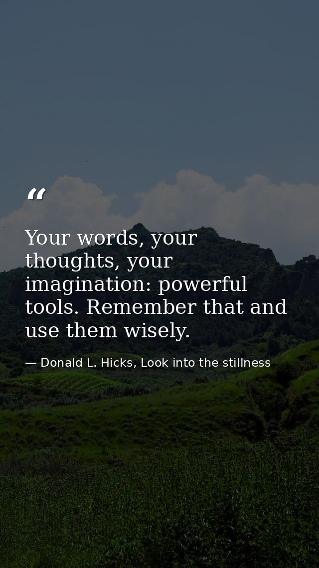 Your words, your thoughts, your imagination: powerful tools. Remember that and use them wisely. — Donald L. Hicks, Look into the stillness
