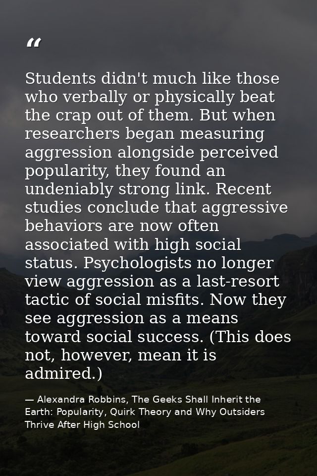 Students didn't much like those who verbally or physically beat the crap out of them. But when researchers began measuri — Alexandra Robbins, The Geeks Shall Inherit the Earth: Popularity, Quirk Theory and Why Outsiders Thrive After High School