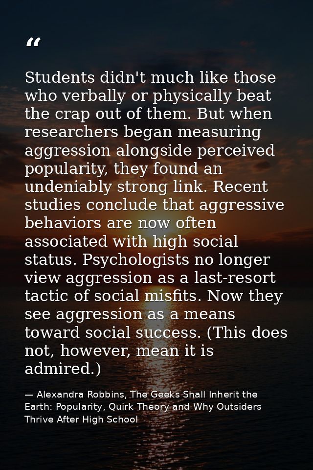 Students didn't much like those who verbally or physically beat the crap out of them. But when researchers began measuri — Alexandra Robbins, The Geeks Shall Inherit the Earth: Popularity, Quirk Theory and Why Outsiders Thrive After High School