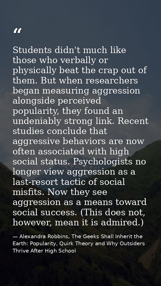 Students didn't much like those who verbally or physically beat the crap out of them. But when researchers began measuri — Alexandra Robbins, The Geeks Shall Inherit the Earth: Popularity, Quirk Theory and Why Outsiders Thrive After High School