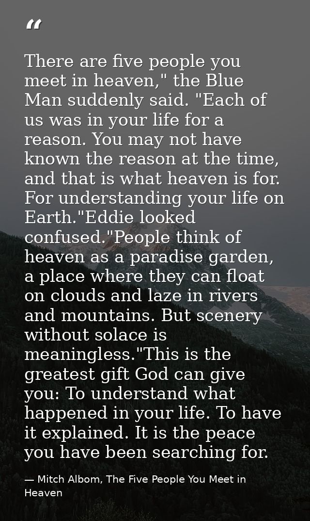 There are five people you meet in heaven," the Blue Man suddenly said. "Each of us was in your life for a reason. You ma — Mitch Albom, The Five People You Meet in Heaven