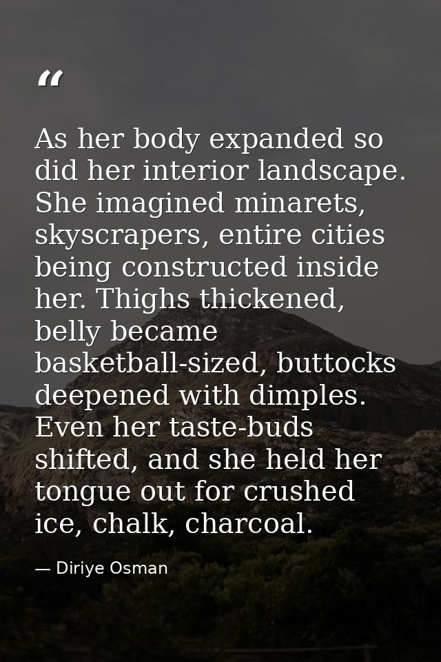 As her body expanded so did her interior landscape. She imagined minarets, skyscrapers, entire cities being constructed  — Diriye Osman