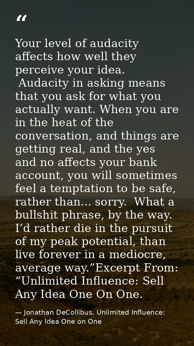 Your level of audacity affects how well they perceive your idea.  Audacity in asking means that you ask for what you act — Jonathan DeCollibus, Unlimited Influence: Sell Any Idea One on One
