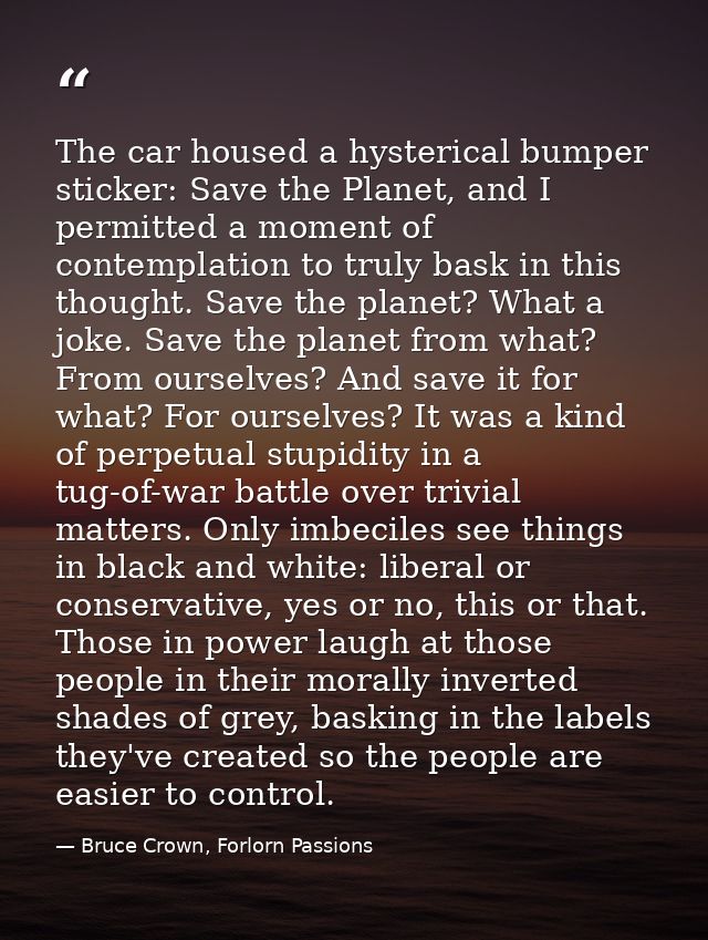 The car housed a hysterical bumper sticker: Save the Planet, and I permitted a moment of contemplation to truly bask in  — Bruce Crown, Forlorn Passions