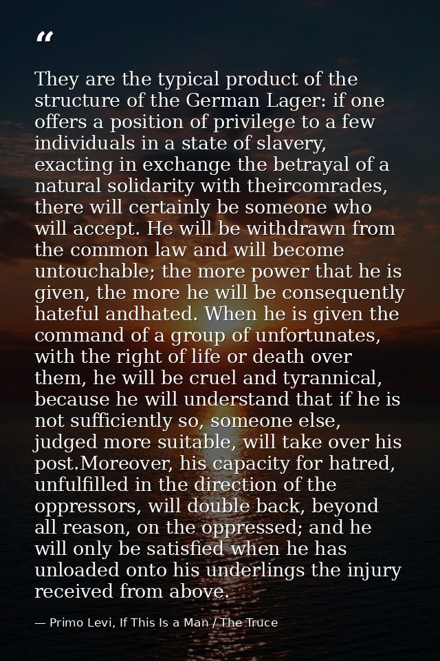 They are the typical product of the structure of the German Lager: if one offers a position of privilege to a few indivi — Primo Levi, If This Is a Man / The Truce