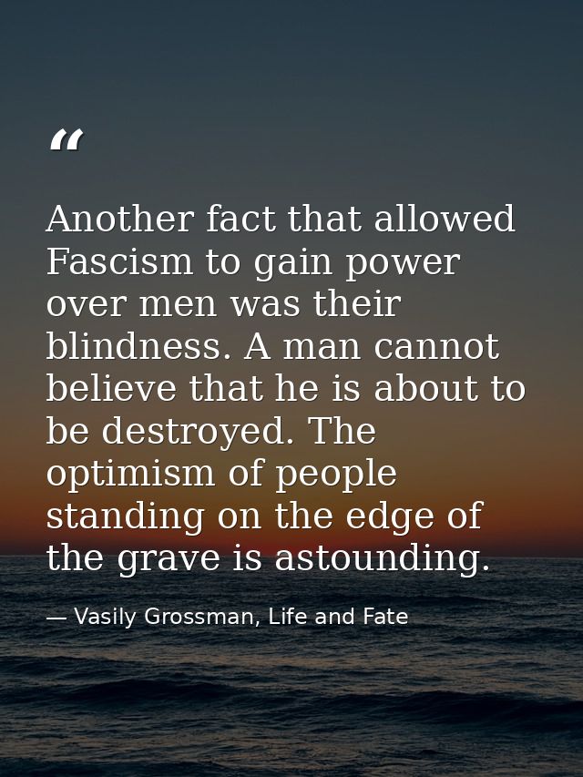 Another fact that allowed Fascism to gain power over men was their blindness. A man cannot believe that he is about to b — Vasily Grossman, Life and Fate