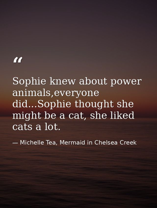 Sophie knew about power animals,everyone did...Sophie thought she might be a cat, she liked cats a lot. — Michelle Tea, Mermaid in Chelsea Creek