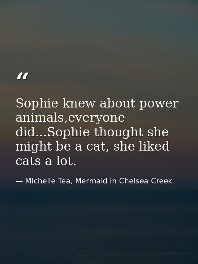 Sophie knew about power animals,everyone did...Sophie thought she might be a cat, she liked cats a lot. — Michelle Tea, Mermaid in Chelsea Creek