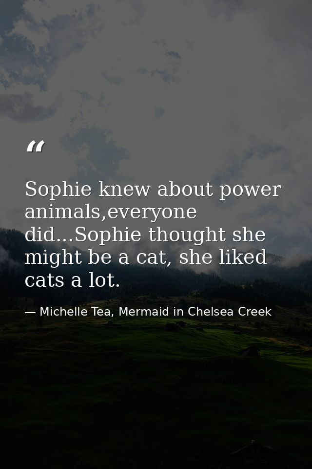 Sophie knew about power animals,everyone did...Sophie thought she might be a cat, she liked cats a lot. — Michelle Tea, Mermaid in Chelsea Creek