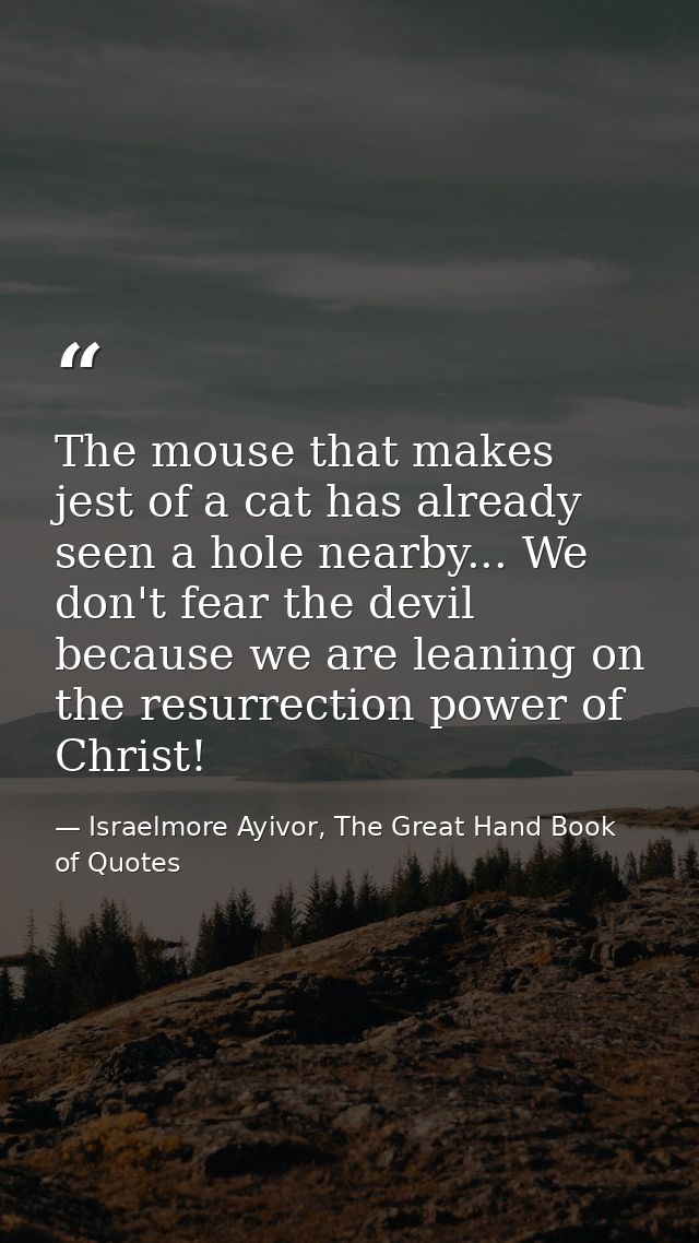 The mouse that makes jest of a cat has already seen a hole nearby... We don't fear the devil because we are leaning on t — Israelmore Ayivor, The Great Hand Book of Quotes