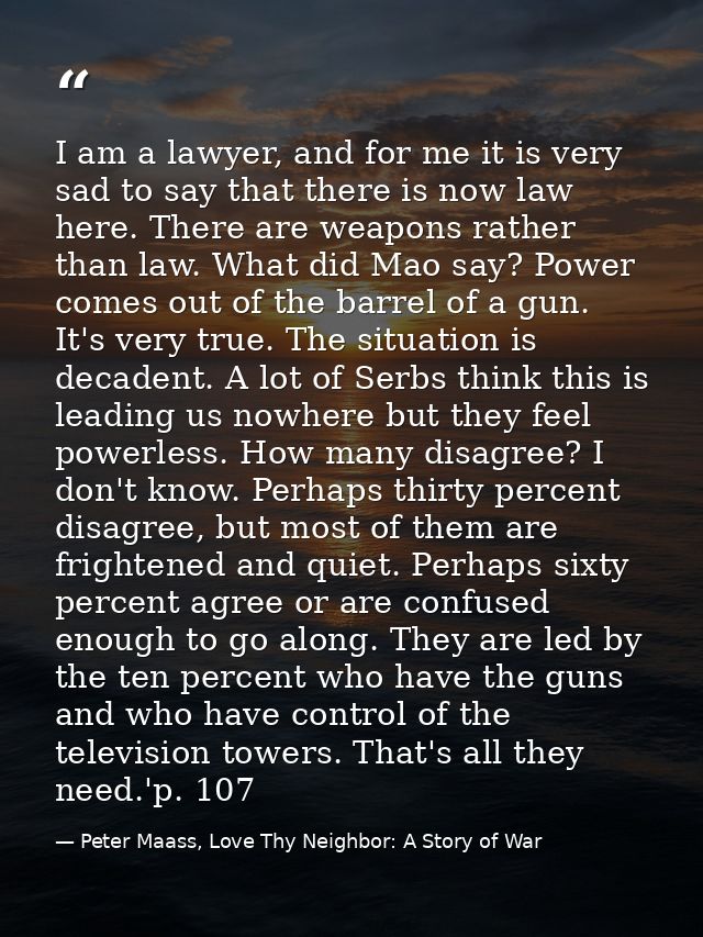 I am a lawyer, and for me it is very sad to say that there is now law here. There are weapons rather than law. What did  — Peter Maass, Love Thy Neighbor: A Story of War