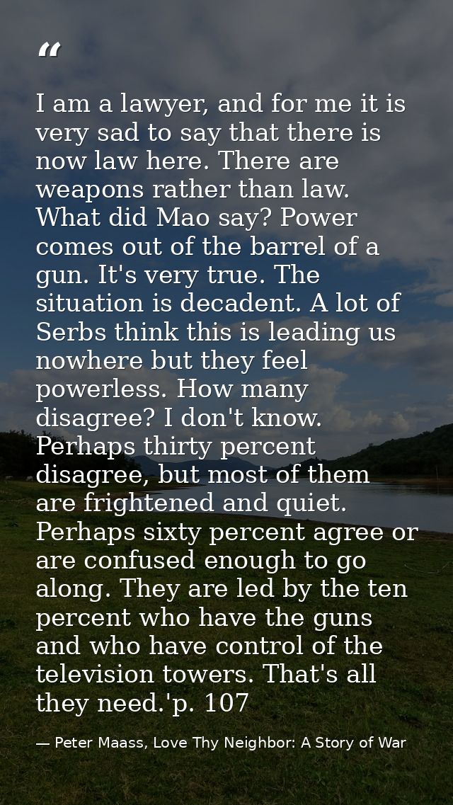 I am a lawyer, and for me it is very sad to say that there is now law here. There are weapons rather than law. What did  — Peter Maass, Love Thy Neighbor: A Story of War