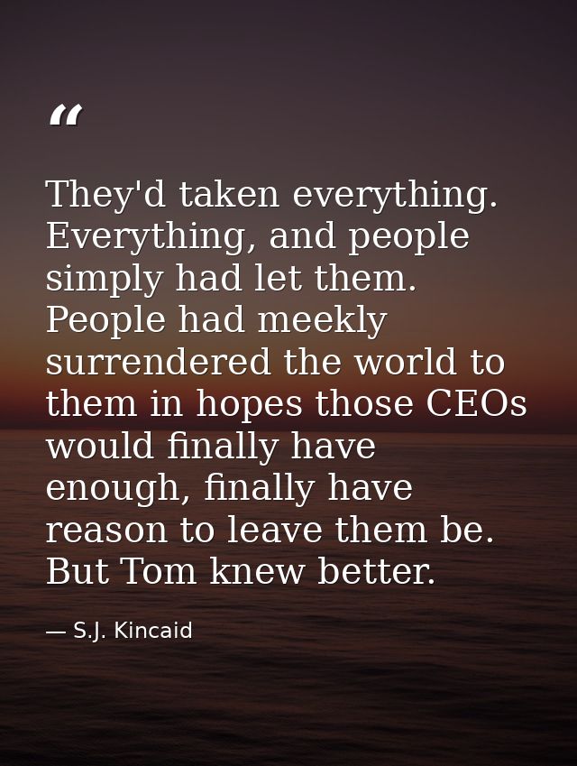 They'd taken everything. Everything, and people simply had let them. People had meekly surrendered the world to them in  — S.J. Kincaid