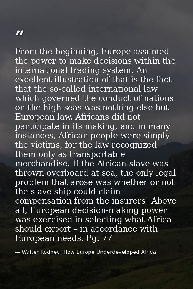 From the beginning, Europe assumed the power to make decisions within the international trading system. An excellent ill — Walter Rodney, How Europe Underdeveloped Africa