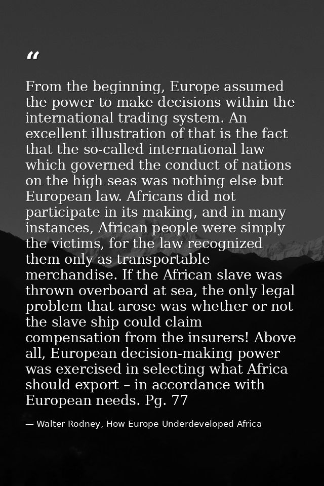 From the beginning, Europe assumed the power to make decisions within the international trading system. An excellent ill — Walter Rodney, How Europe Underdeveloped Africa