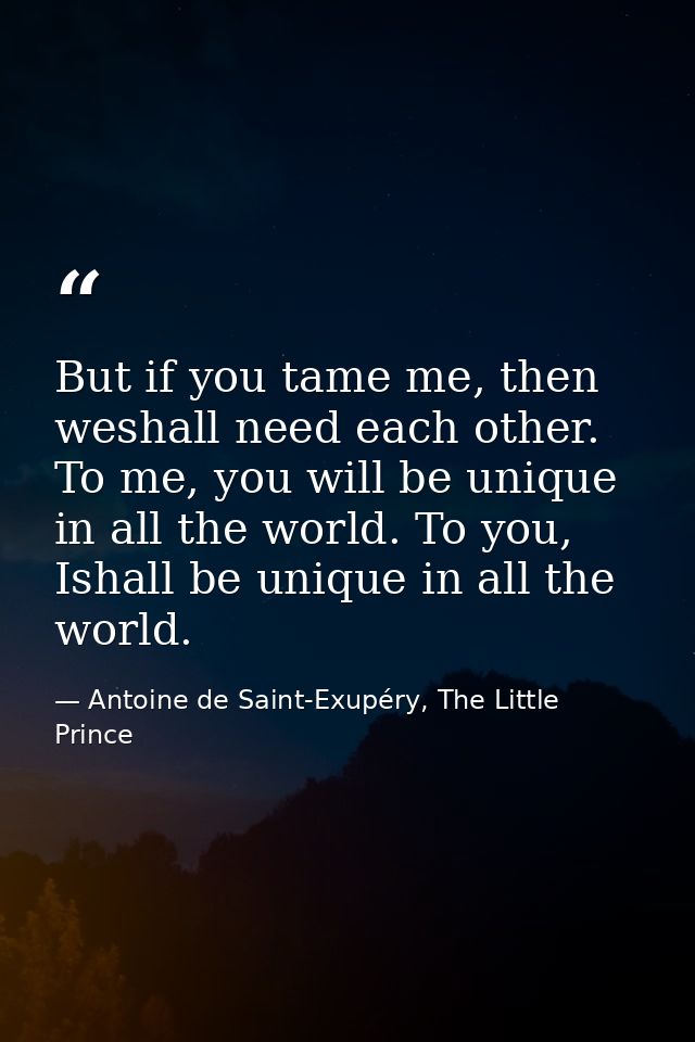 But if you tame me, then weshall need each other. To me, you will be unique in all the world. To you, Ishall be unique i — Antoine de Saint-Exupéry, The Little Prince