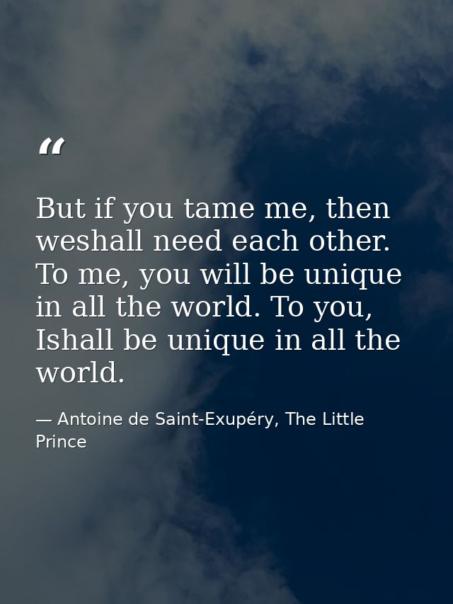 But if you tame me, then weshall need each other. To me, you will be unique in all the world. To you, Ishall be unique i — Antoine de Saint-Exupéry, The Little Prince
