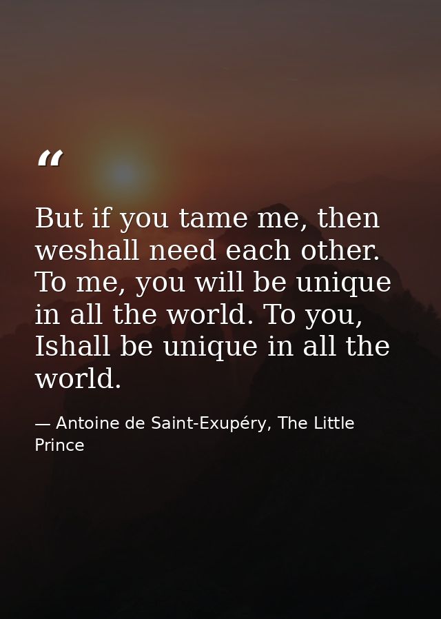 But if you tame me, then weshall need each other. To me, you will be unique in all the world. To you, Ishall be unique i — Antoine de Saint-Exupéry, The Little Prince