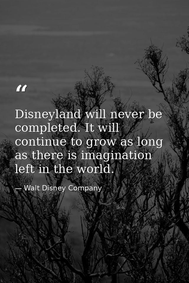 Disneyland will never be completed. It will continue to grow as long as there is imagination left in the world. — Walt Disney Company