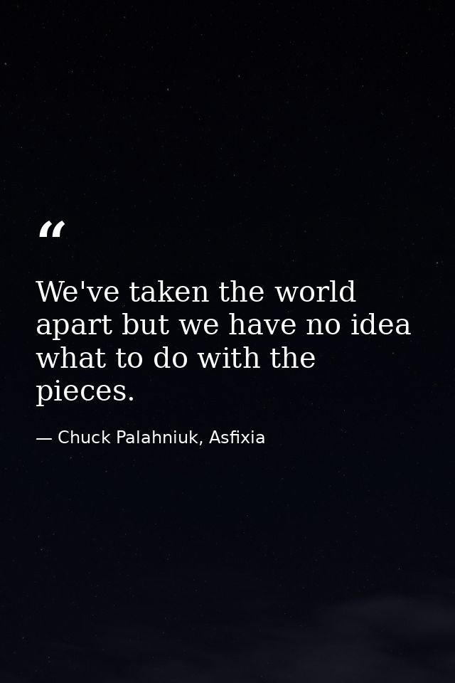We've taken the world apart but we have no idea what to do with the pieces. — Chuck Palahniuk, Asfixia