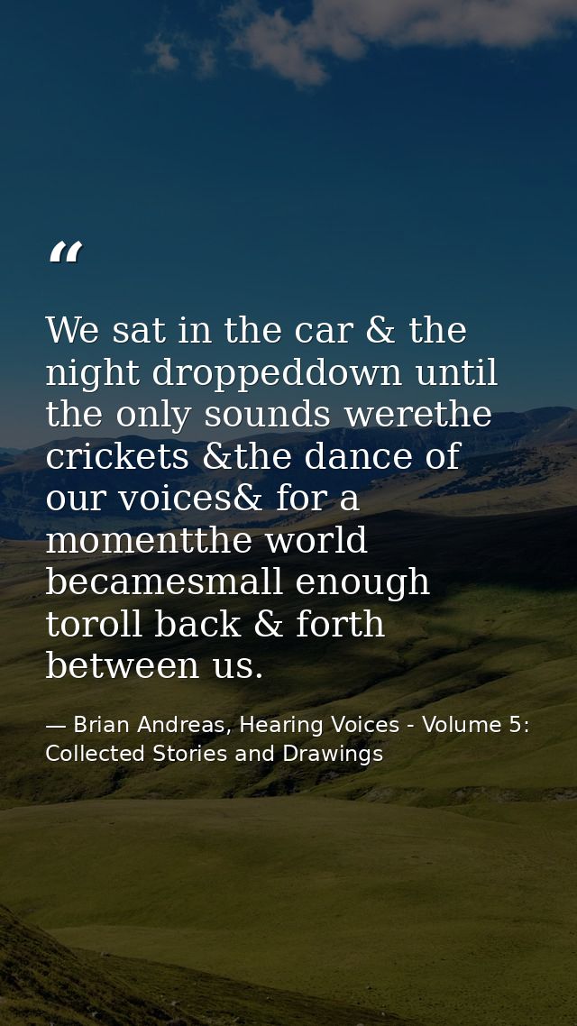 We sat in the car & the night droppeddown until the only sounds werethe crickets &the dance of our voices& for a momentt — Brian Andreas, Hearing Voices - Volume 5: Collected Stories and Drawings