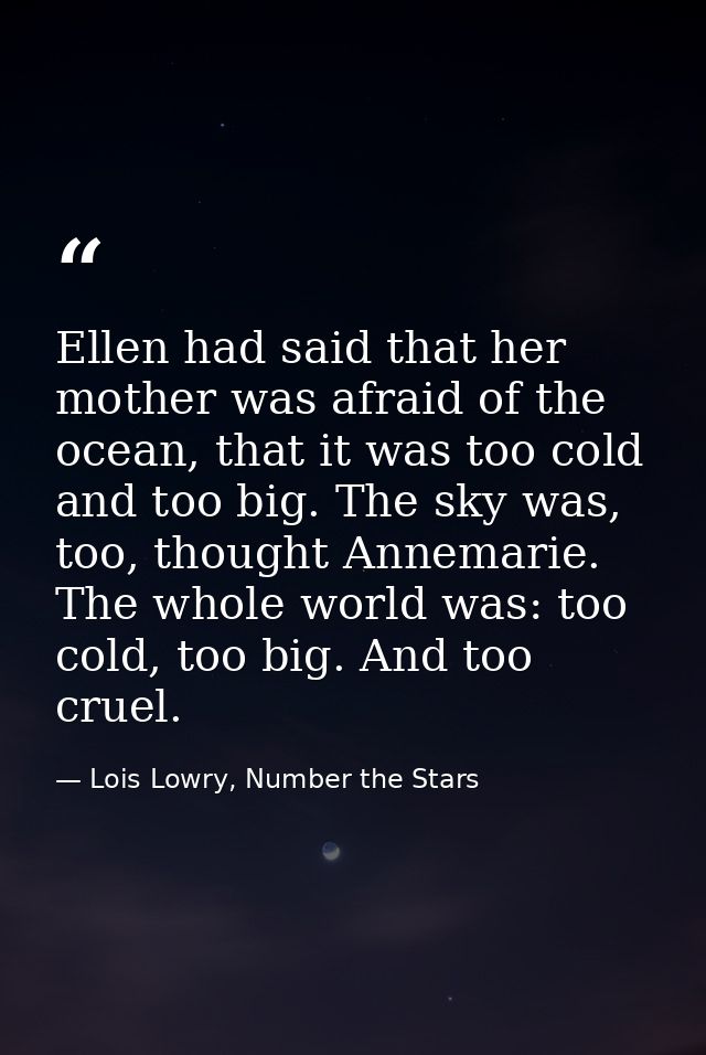Ellen had said that her mother was afraid of the ocean, that it was too cold and too big. The sky was, too, thought Anne — Lois Lowry, Number the Stars