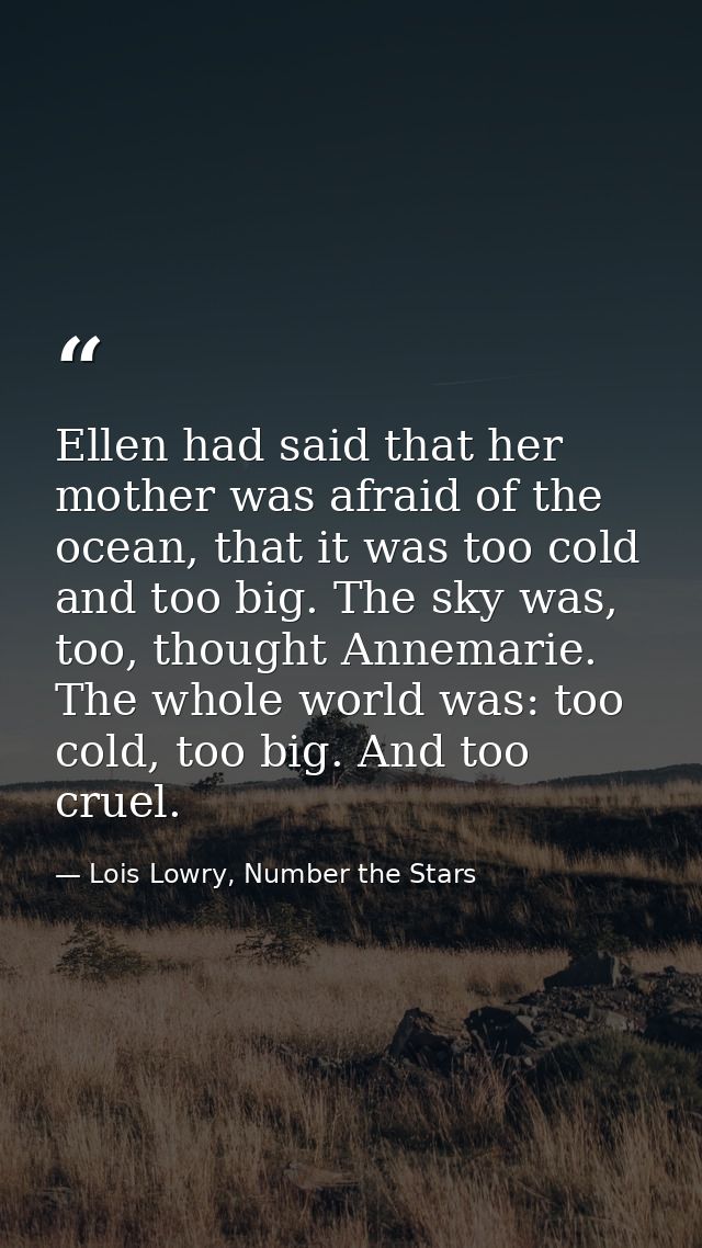 Ellen had said that her mother was afraid of the ocean, that it was too cold and too big. The sky was, too, thought Anne — Lois Lowry, Number the Stars