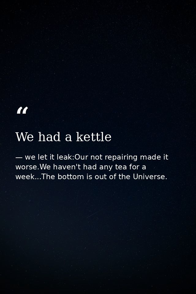 We had a kettle — we let it leak:Our not repairing made it worse.We haven't had any tea for a week...The bottom is out of the Universe.