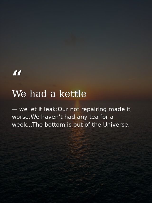 We had a kettle — we let it leak:Our not repairing made it worse.We haven't had any tea for a week...The bottom is out of the Universe.