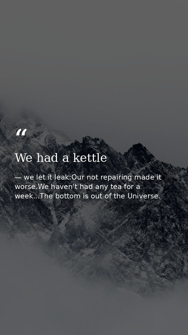 We had a kettle — we let it leak:Our not repairing made it worse.We haven't had any tea for a week...The bottom is out of the Universe.