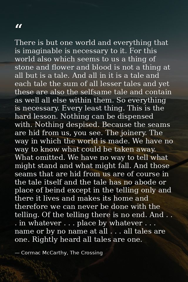 There is but one world and everything that is imaginable is necessary to it. For this world also which seems to us a thi — Cormac McCarthy, The Crossing
