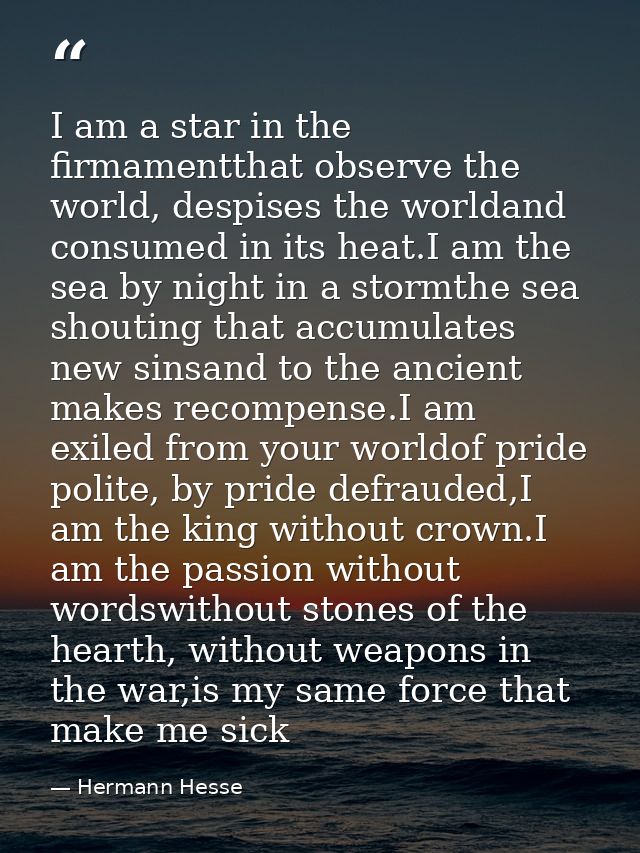 I am a star in the firmamentthat observe the world, despises the worldand consumed in its heat.I am the sea by night in  — Hermann Hesse