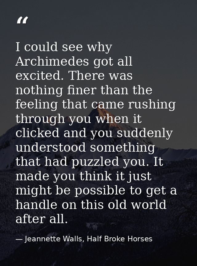I could see why Archimedes got all excited. There was nothing finer than the feeling that came rushing through you when  — Jeannette Walls, Half Broke Horses