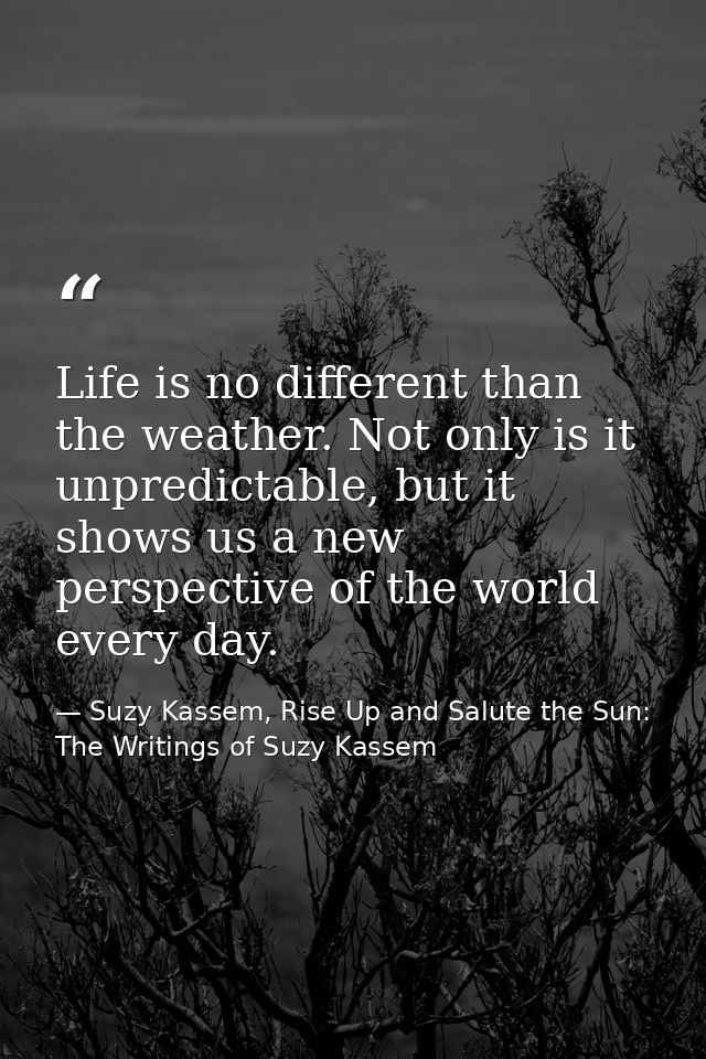 Life is no different than the weather. Not only is it unpredictable, but it shows us a new perspective of the world ever — Suzy Kassem, Rise Up and Salute the Sun: The Writings of Suzy Kassem