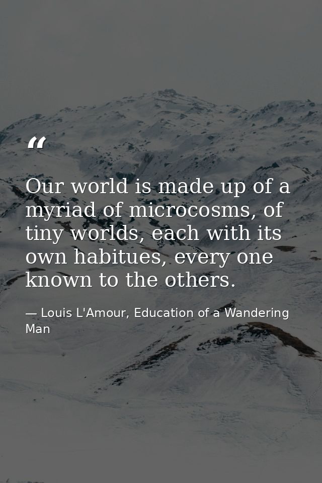 Our world is made up of a myriad of microcosms, of tiny worlds, each with its own habitues, every one known to the other — Louis L'Amour, Education of a Wandering Man