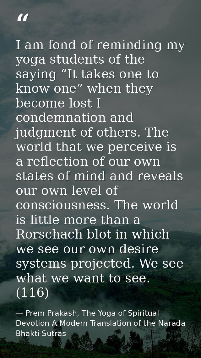 I am fond of reminding my yoga students of the saying “It takes one to know one” when they become lost I condemnation an — Prem Prakash, The Yoga of Spiritual Devotion A Modern Translation of the Narada Bhakti Sutras
