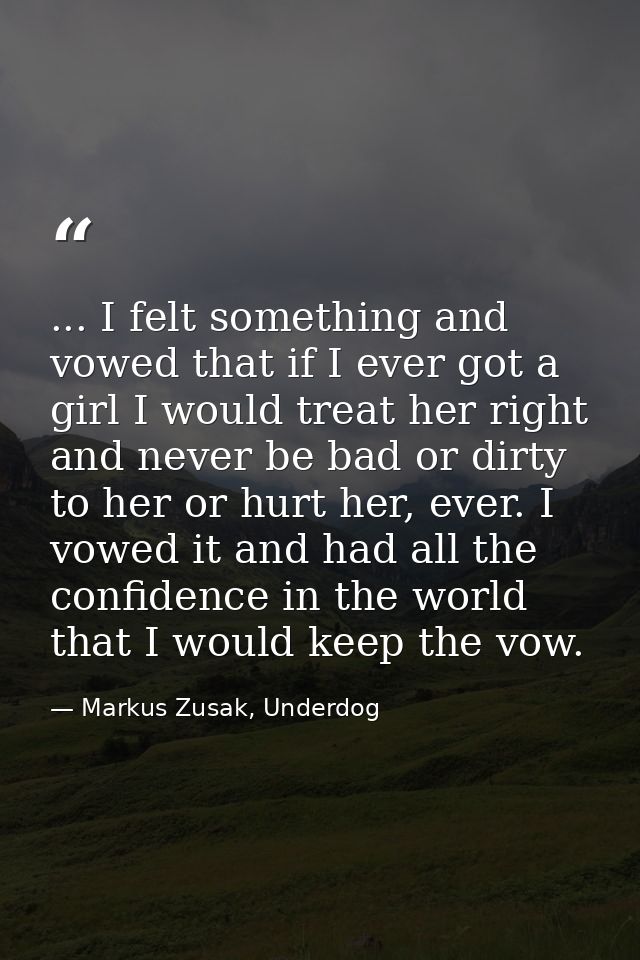 ... I felt something and vowed that if I ever got a girl I would treat her right and never be bad or dirty to her or hur — Markus Zusak, Underdog