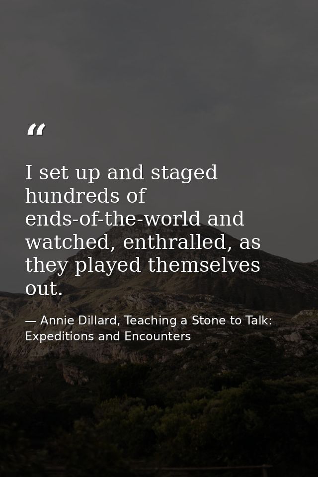 I set up and staged hundreds of ends-of-the-world and watched, enthralled, as they played themselves out. — Annie Dillard, Teaching a Stone to Talk: Expeditions and Encounters