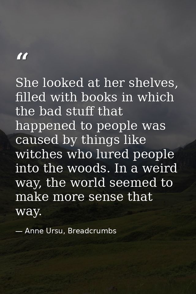 She looked at her shelves, filled with books in which the bad stuff that happened to people was caused by things like wi — Anne Ursu, Breadcrumbs