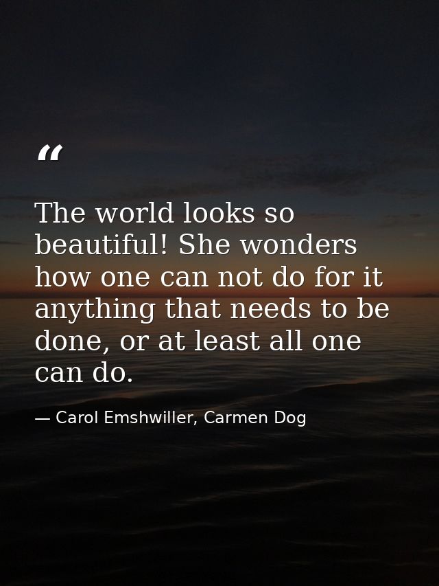 The world looks so beautiful! She wonders how one can not do for it anything that needs to be done, or at least all one  — Carol Emshwiller, Carmen Dog