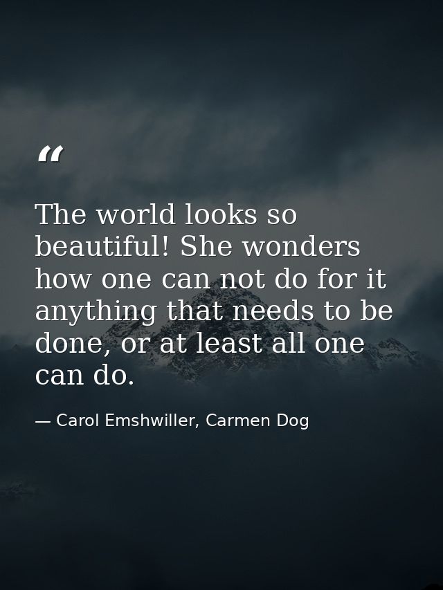 The world looks so beautiful! She wonders how one can not do for it anything that needs to be done, or at least all one  — Carol Emshwiller, Carmen Dog