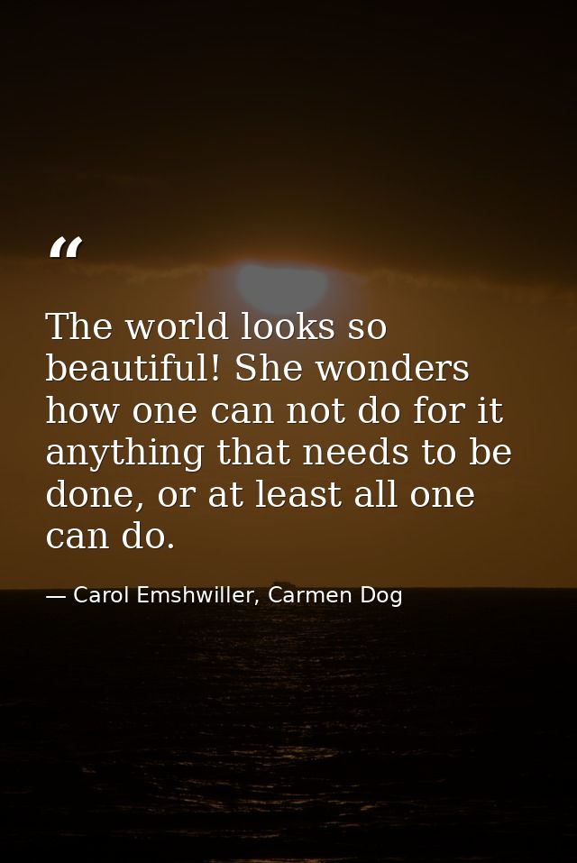 The world looks so beautiful! She wonders how one can not do for it anything that needs to be done, or at least all one  — Carol Emshwiller, Carmen Dog