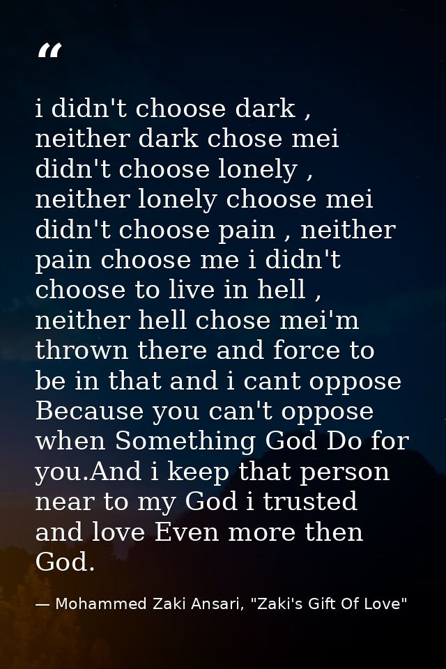 i didn't choose dark , neither dark chose mei didn't choose lonely , neither lonely choose mei didn't choose pain , neit — Mohammed Zaki Ansari, "Zaki's Gift Of Love"
