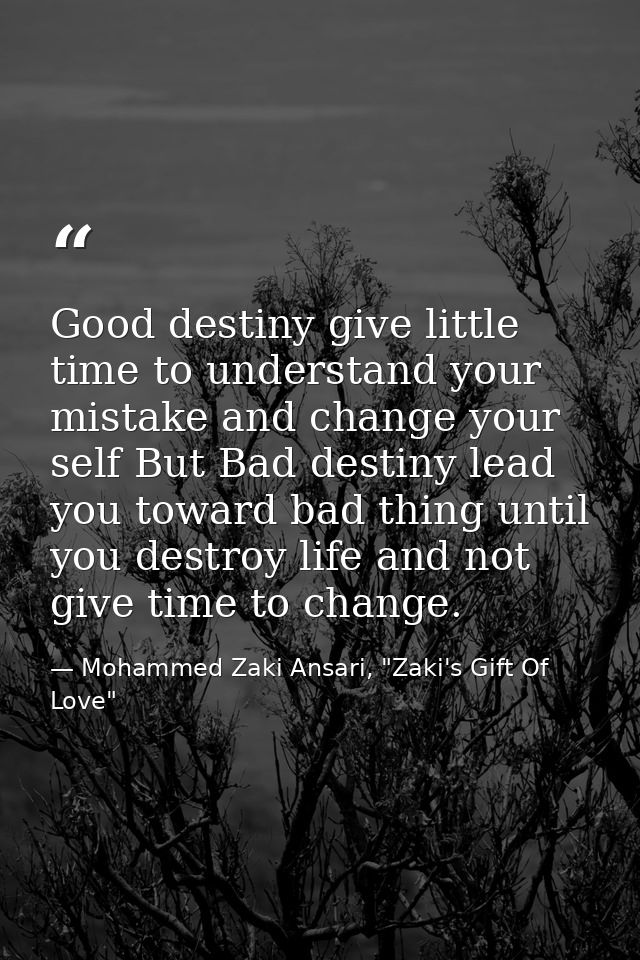 Good destiny give little time to understand your mistake and change your self But Bad destiny lead you toward bad thing  — Mohammed Zaki Ansari, "Zaki's Gift Of Love"