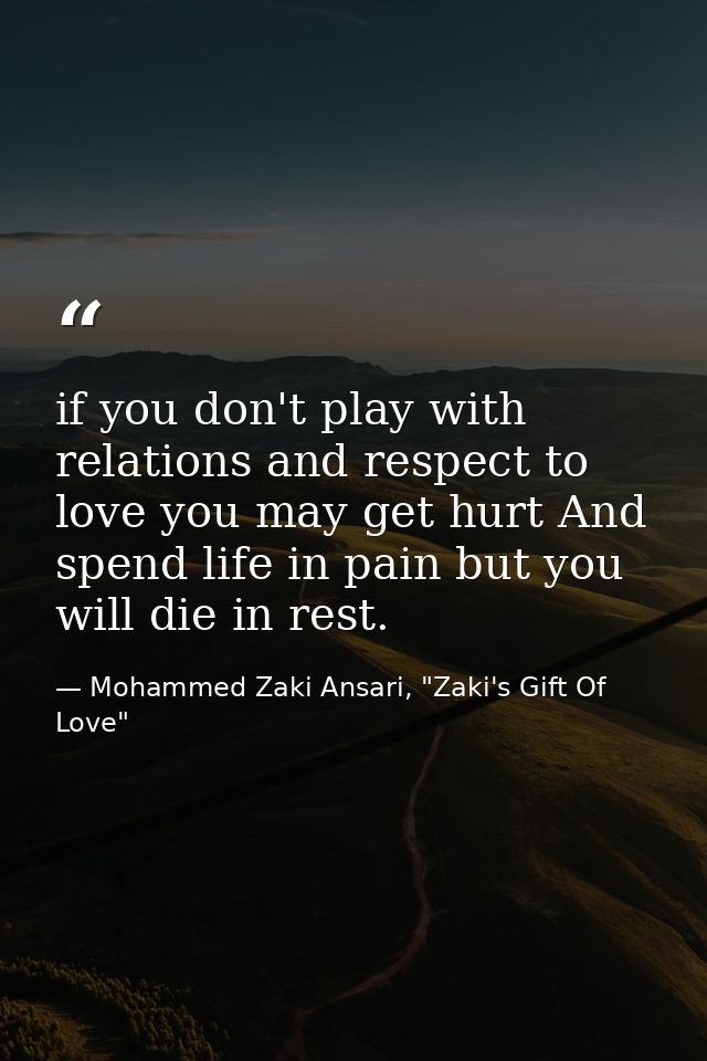 if you don't play with relations and respect to love you may get hurt And spend life in pain but you will die in rest. — Mohammed Zaki Ansari, "Zaki's Gift Of Love"
