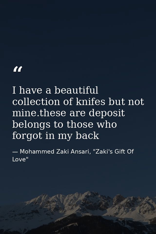 I have a beautiful collection of knifes but not mine.these are deposit belongs to those who forgot in my back — Mohammed Zaki Ansari, "Zaki's Gift Of Love"
