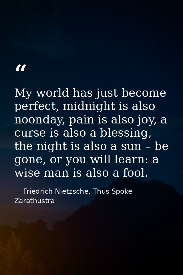My world has just become perfect, midnight is also noonday, pain is also joy, a curse is also a blessing, the night is a — Friedrich Nietzsche, Thus Spoke Zarathustra
