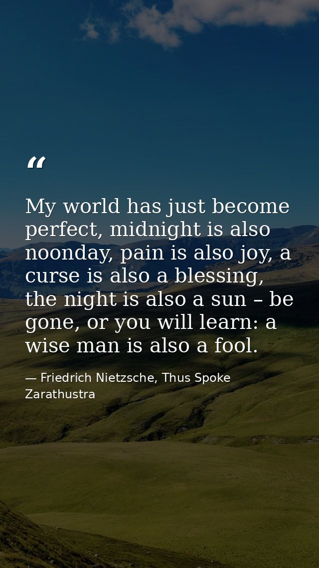 My world has just become perfect, midnight is also noonday, pain is also joy, a curse is also a blessing, the night is a — Friedrich Nietzsche, Thus Spoke Zarathustra