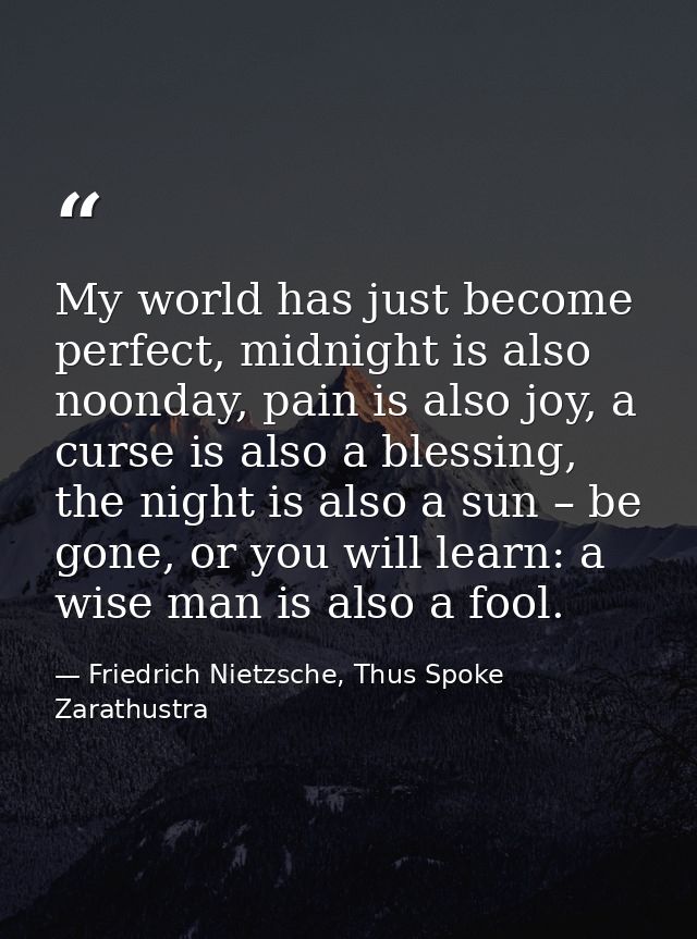 My world has just become perfect, midnight is also noonday, pain is also joy, a curse is also a blessing, the night is a — Friedrich Nietzsche, Thus Spoke Zarathustra